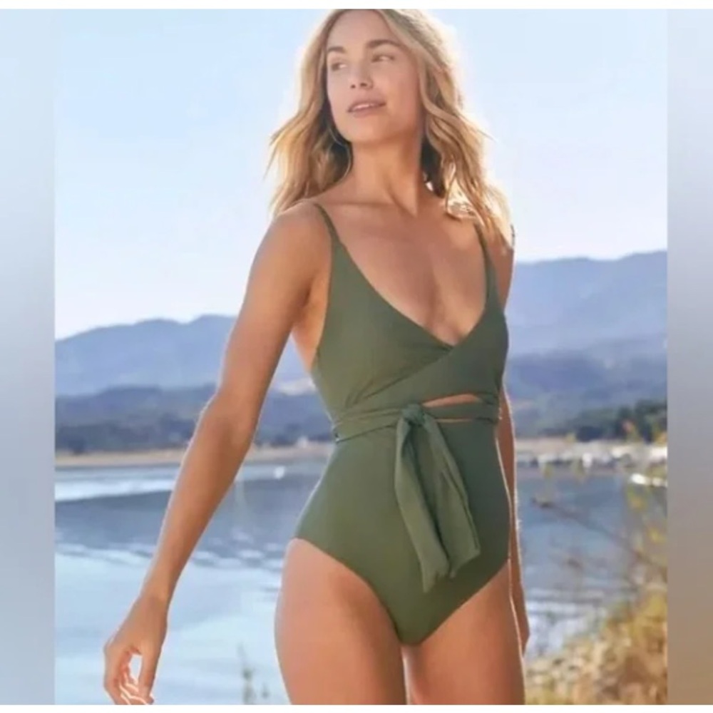 Aerie Olive Green One Piece Swimsuit with Wrap Tie- Large/Long Torso
